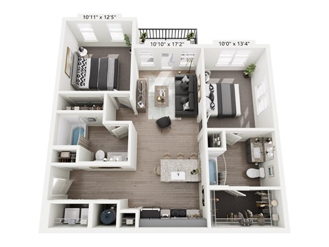Floor plan for 2 beds, 2 baths, 991 sqft